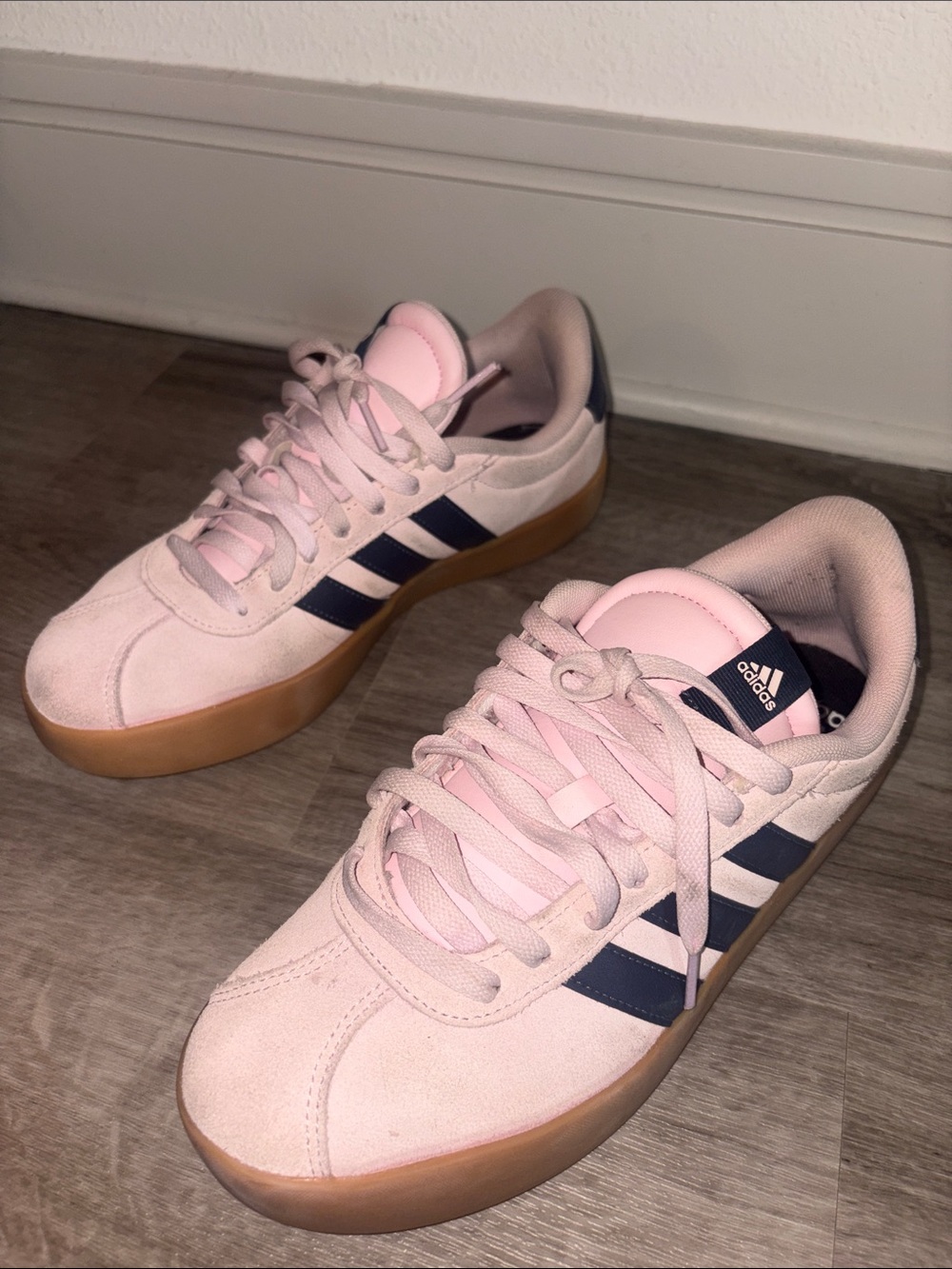 adidas Originals Pink Suede Sneakers with Navy Stripes